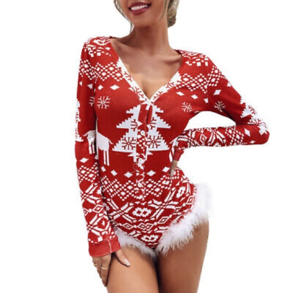 Womens Christmas Fur Lingerie Babydoll Bodysuit